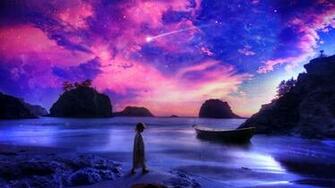 Child Shore Beach Purple Boat Stars Shooting Star Fantasy Ocean Sea