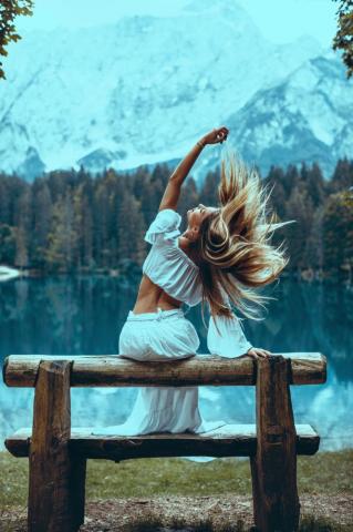 Desktop Wallpaper Blonde Girl Hair Girls Sit Hands Bench