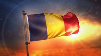 Romania Flag Backlit At Beautiful Sunrise Loop Slow Motion 4k