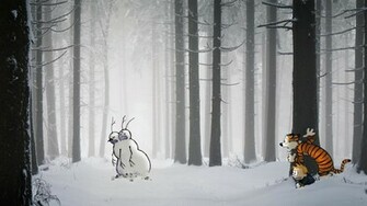 Calvin And Hobbes Comics Forest Trees Winter Snow Christmas Wallpaper