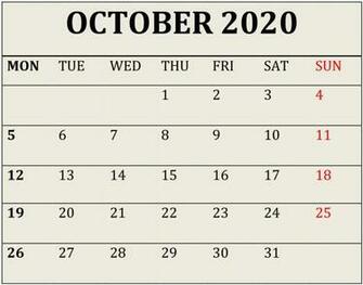 Printable October Calendar Desktop Wallpaper