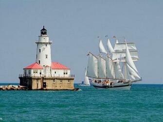 Tall Ship Windy Sails Past The Chicago Harbour Lighthouse Illinoi