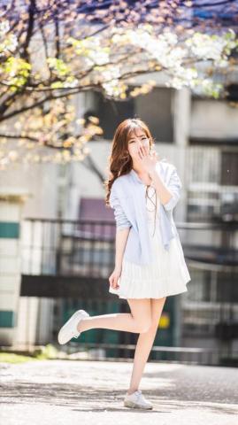 Cute Sweet School Girl Lovely Pose Bloomy Branch Tree iPhone