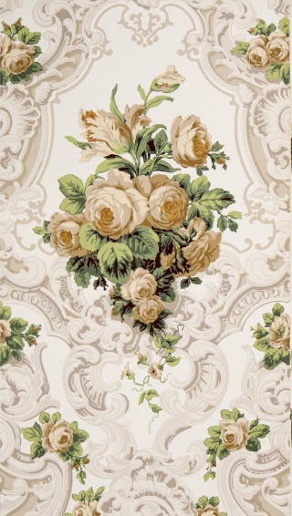 Large Rose Bouquets In Rococo Scrolls Antique Wallpaper Bolling