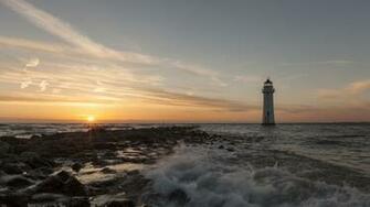Wallpaper Lake Sunset Rocks Lighthouse Full HD