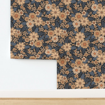 Floral W Peach Blue Gray Flowers By Somecallmebeth Wallpaper