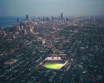 Photo Of Aerial Wrigley Field Night Game Chicago Skyline