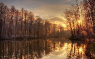 Warm Winter Sonnenuntergang Teich Bume Wallpaper HD