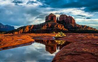 Arizona Sedona Nature Sky Clouds Mountains Rocks Trees Shrubs