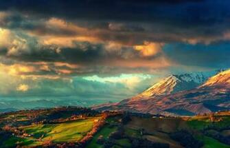 Spring March Storm Clouds The Sky Valley Fields Houses Wallpaper