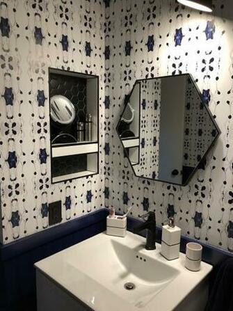 Powder Room Navy Wainscoting Tamarindo Wallpaper From Jennifer