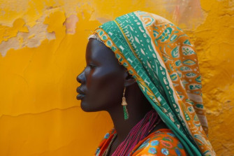 African Woman Traditional Dress Sitting By Patterned Wall Wallpaper