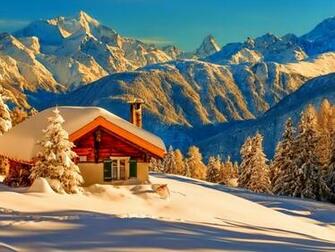 Snow Covered Log Hut In Mountains Cool Wallpaper