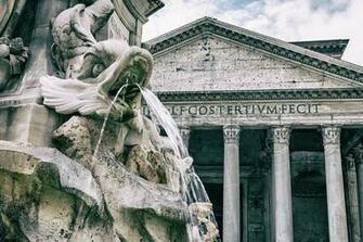Fountain With The Pantheon In Background Closeup Rome Ital