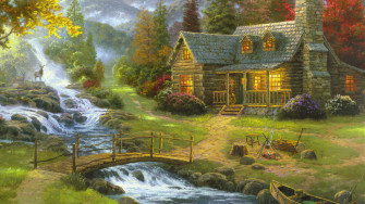 Forest House Guitar Mountain River Wooden Bridge
