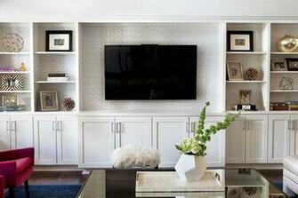 Room Built In Shelves Grey Trellis Wallpaper On Back Of Jpg