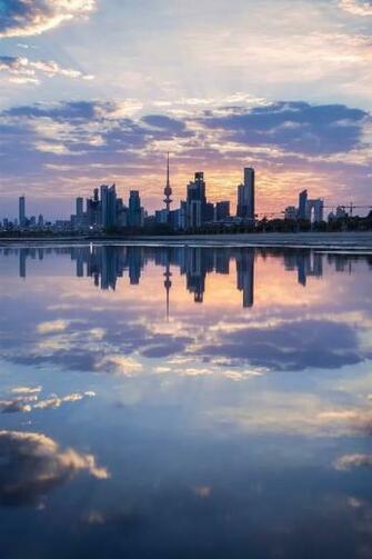 Wallpaper Dusk Kuwait City Buildings Sea Clouds HD