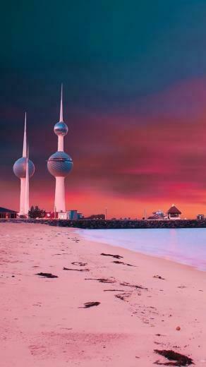 Wallpaper Kuwait Towers Sunset Bridge Beach Coast HD