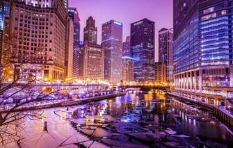 Wallpaper Winter Lights River Building Ice Skyscrapers The
