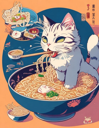 Kawaii Vintage Style Japenese Ramen Cat In Pony Drawing
