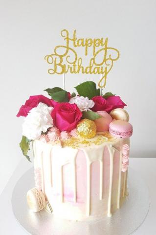 Fresh Flowers Drip Cake Happy BirtHDay Image