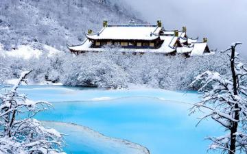 Chinese Temple On The Lake In Winter HD Wallpaper Background