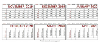 Month November To April Calendar Template Blank Image