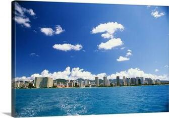 Hawaii Oahu Waikiki Skyline Turquoise Ocean With Boat Wake