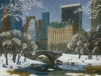 Central Park Winter Bridge House Lake Painting Pond