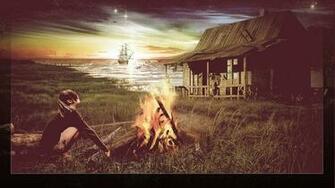 Campfire Skies Houses Wallpaper Desktop