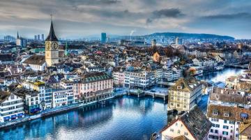 Switzerland Zurich Rivers Houses Bridges Evening Wallpaper