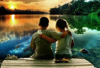 Wallpaper Kids Boy Girl Sunset Lake Pier Love Desktop