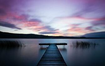 Water Surface Grass Wooden Bridge Night Purple Sky Clouds Wallpaper