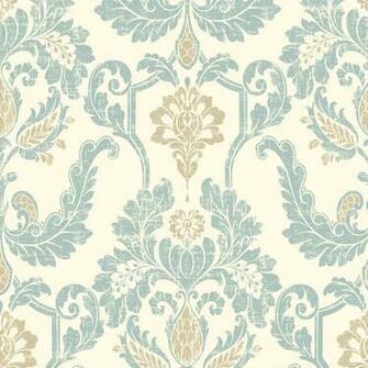 Damask With Soft Blue And Gold Textured Prints On A Cream Ground