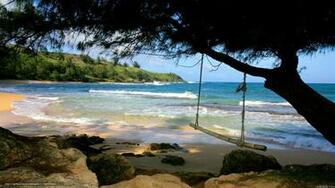 Wallpaper Beach Swing Tree Waves Desktop