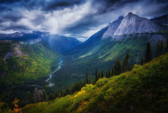 Valley Mountain Forest River Cliff Shrubs Clouds Summer Nature Wallpaper