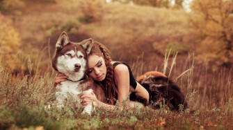Dog Hugging Women Outdoors Animals Closed Eyes Wallpaper HD