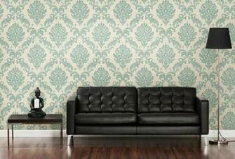 Contemporary Blue Damask Wallpaper Living Room