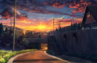 Anime Sunset Landscape Scenic Clouds Wallpaper