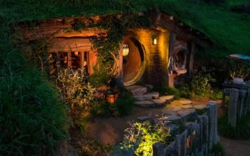 Wallpaper Hobbit House Night Lights New Zealand HD