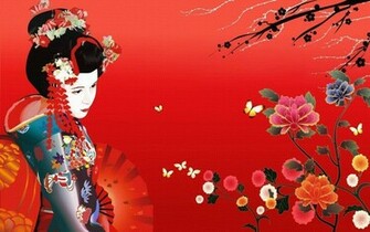 Wallpaper Flower Fan Geisha