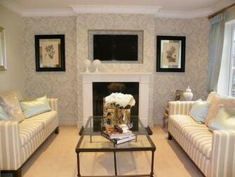 Beige Living Room Lounge With Feature Wall Wallpaper And Coffee Table