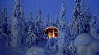 Snowy Spruce Forest With Log Cabin In Riisitunturi National Park