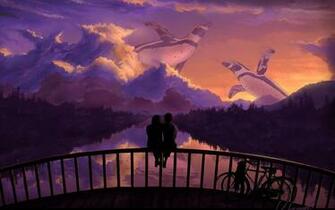 Romantic Couple Bridge Sunset Art Wallpaper