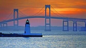 Wallpaper Bridge Lighthouse Sea Newport Rhode Island Usa
