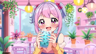 Cute Anime Girl Drinking Boba Wallpaper