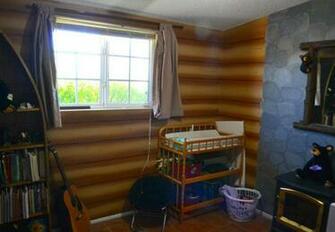 Faux Fake Wood Log Cabin Stone Fireplace Wallpaper Looks Bad Cheap