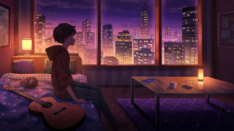 Anime Boy Window City Building Scenery Room Bed Guitar Wallpaper