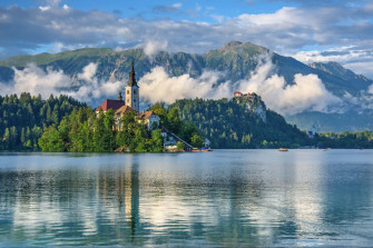 The Turret Of Church In Lake Bled Wallpaper