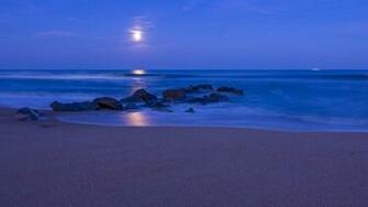 Beach Rocks Night Blue Sky Moon Wallpaper Photos Pictures